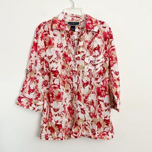 karen scott // white red floral 3/4 button down cotton blouse S